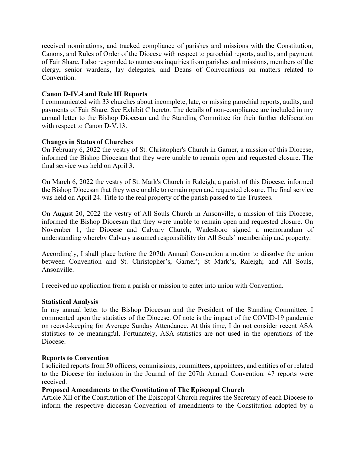 Scanned page from the 2022 convention journal recording St. Mark’s closure